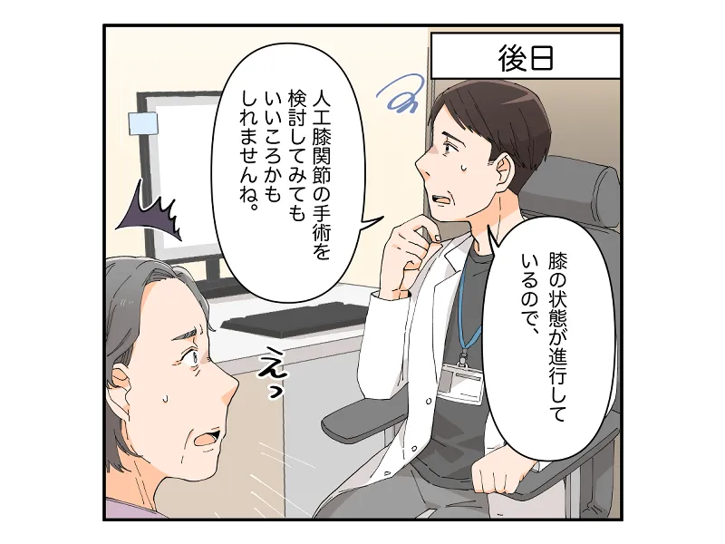 後日「膝の状態が進行しているので、人工膝関節の手術を検討してみてもいいころかもしれませんね。」「えっ」